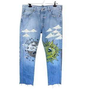 Levis‎ 501 Hand Painted Jeans Mens 34x33 Straight Leg Sun Moon Jesus Button Fly
